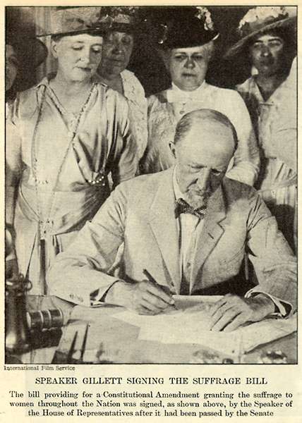 Republican Speaker of the House, Frederick H. Gillett, signs the bill in 1919